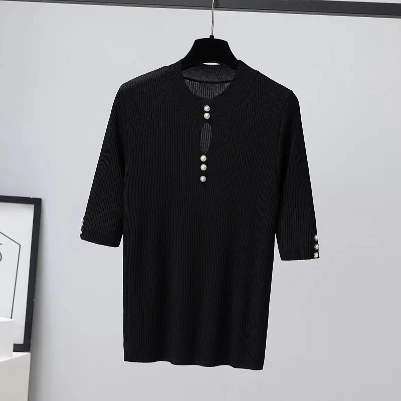 2025 frühling Herbst Korean Fashion Solid Pullover Frauen Kurzarm Tops Pull Femme Beiläufige Dünne Weibliche Pullover Gestrickte Kleidung.