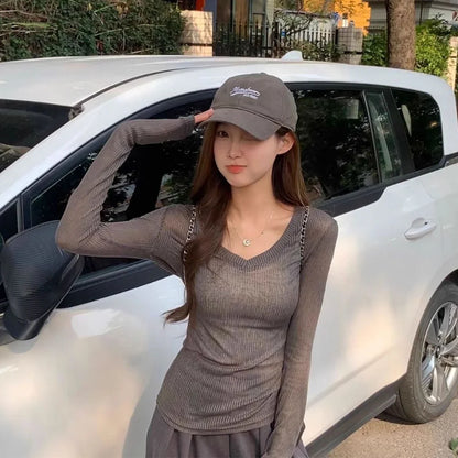 Frauen T-shirt Sexy V-ausschnitt Casual Langarm Slim Fit Shirts Dünne Transparente Gestrickte Top Weibliche Y2k Trendy Dünne Pullover