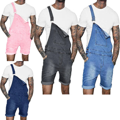 Fashion Streetwear Mens Suspenders Denim Jumpsuits Cargo Pants Men Shorts Masculino Jeans Pink Overalls.