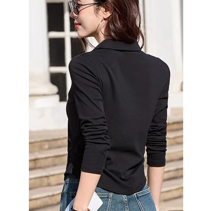 Korean version wine red long sleeved T-shirt for women in spring and autumn, new high-end fashion plus size lapel casual top.