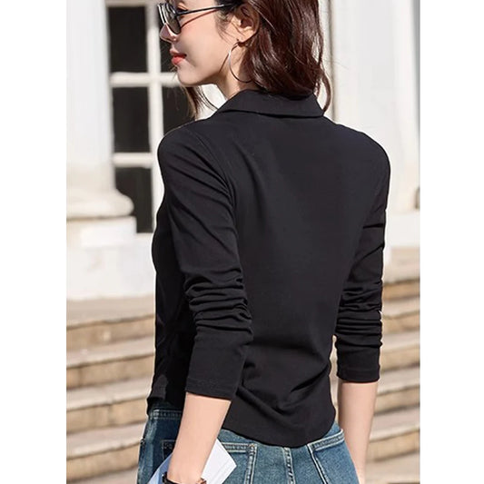 Korean version wine red long sleeved T-shirt for women in spring and autumn, new high-end fashion plus size lapel casual top.