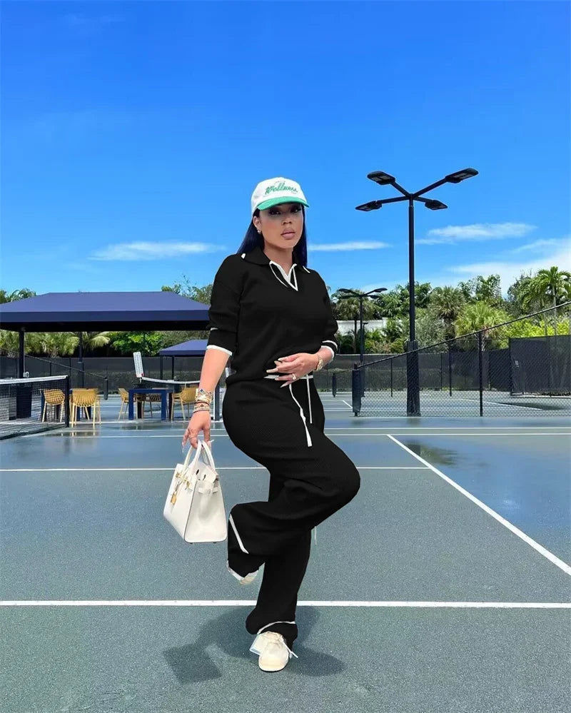 Active Wear Gestrickter lässiger Trainingsanzug für Damen, zweiteiliges Set, sportliches Fitness-gestreiftes Pullover-Oberteil und Hose mit weitem Bein, Jogging-Femme