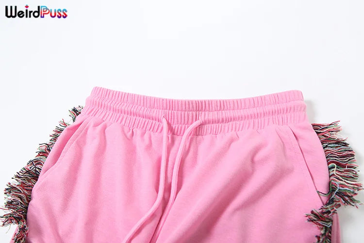 Weird Puss Casual Sporty 2 Piece Set Women Letter Embroidery Crop Tops+Side Tassel Straight Pants Matching Streetwear Tracksuits