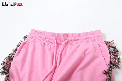 Weird Puss Casual Sporty 2 Piece Set Women Letter Embroidery Crop Tops+Side Tassel Straight Pants Matching Streetwear Tracksuits
