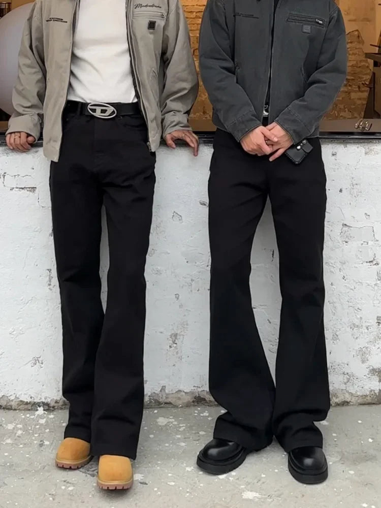 New Trendy Vintage Blackbell-bottom Men's Pants Extended Length High-fit Cleanfit Soft Jeans Casual Scene Male Style.