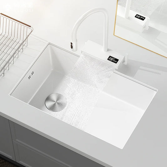 White Stainless Steel Kitchen Sink with Digital Display Multifunction Waterfall Faucet large Wash Basin for Kitchen Accessories