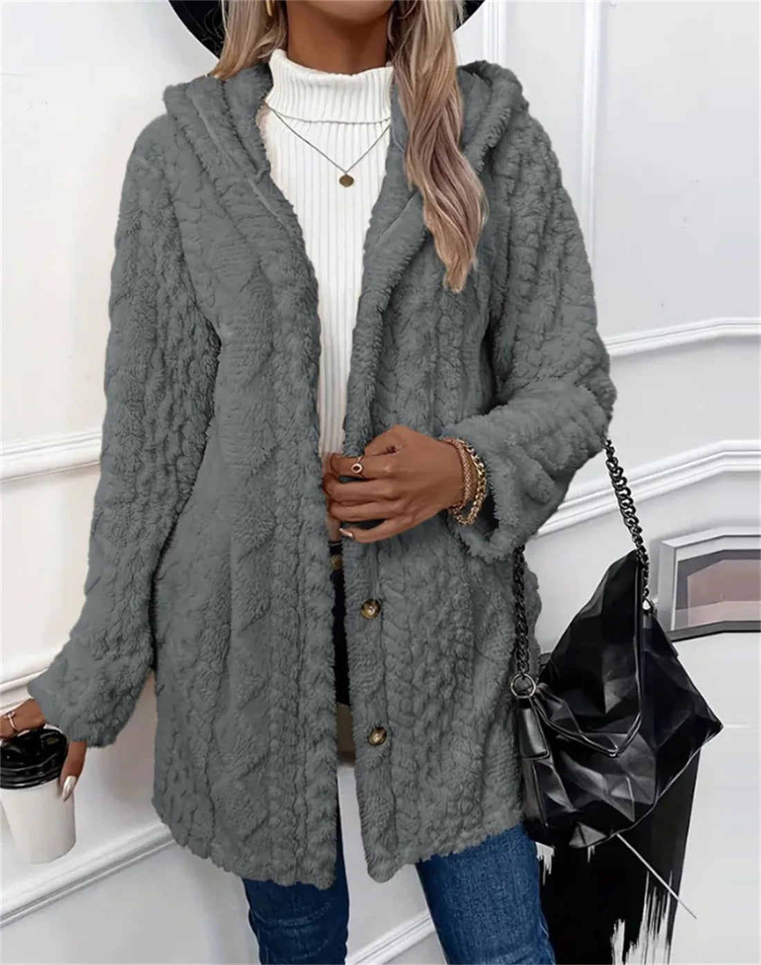 Women Cardigan Hoodie Jacket Autumn Winter Argyle Textured Pattern Hooded Irregular Hem Buttons Fleece Oversized Outerwear Coat.