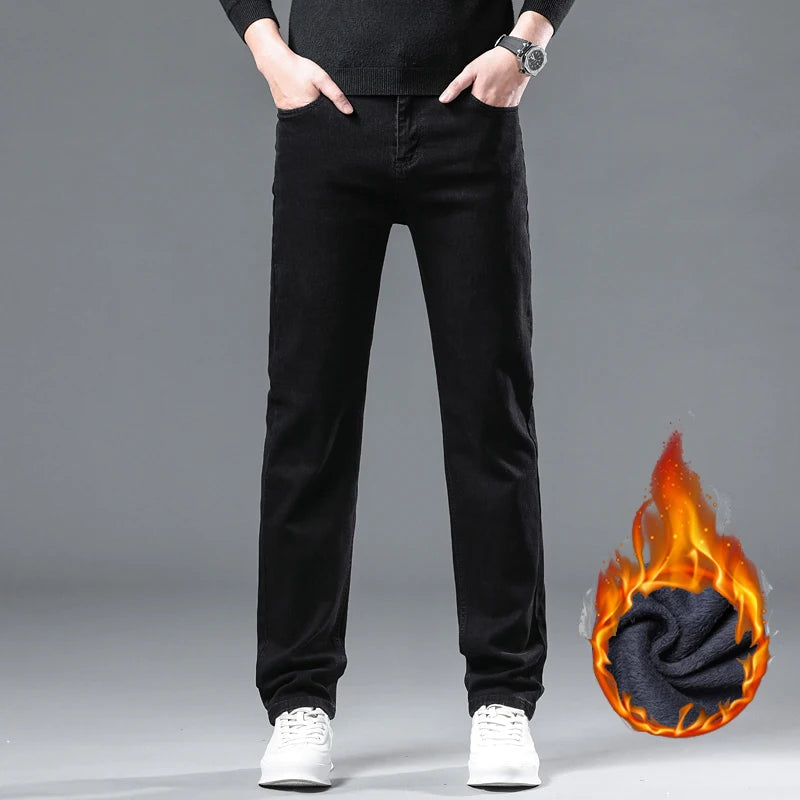 2024 Winter Brand Men Warm Fleece Jeans Fashion Thermal Business Pants Retro Classic Denim Trousers Casual Stretch Slim Jeans.