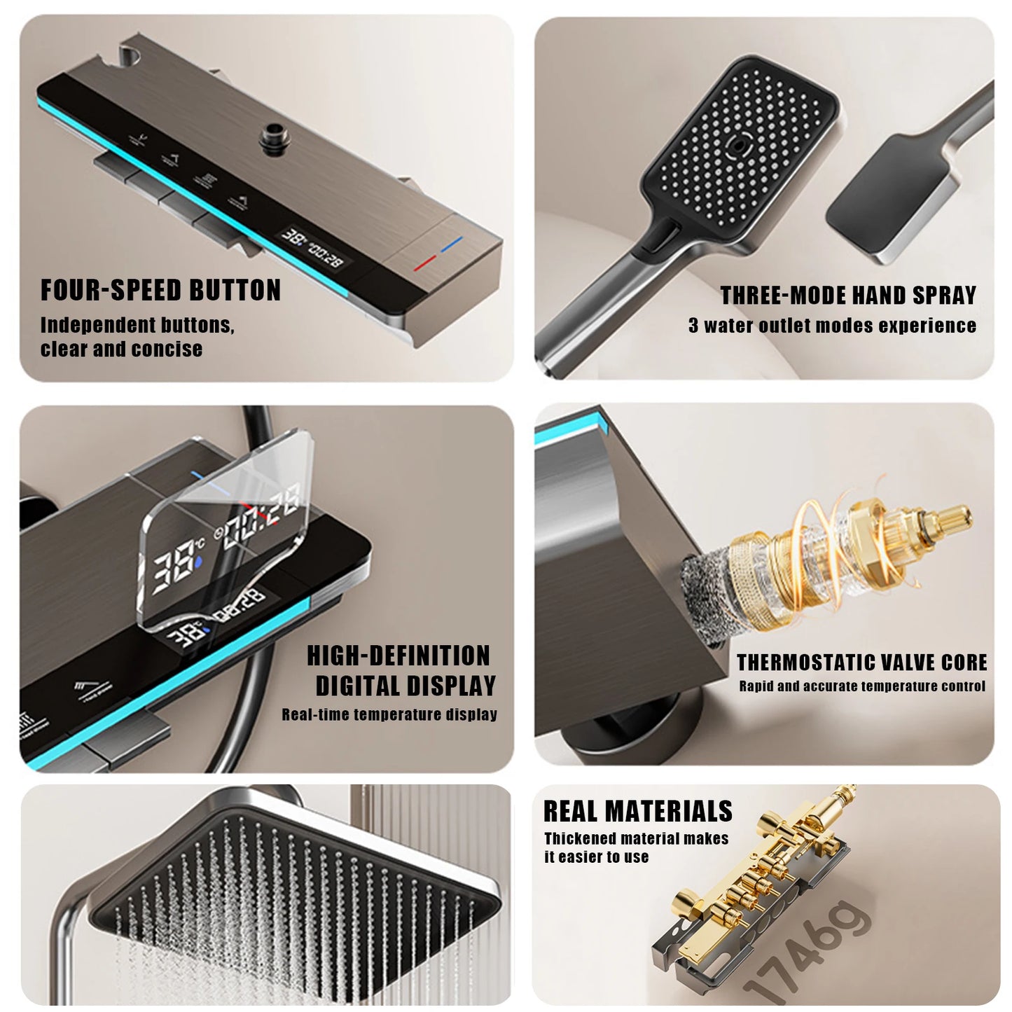 Digital Thermostatic Shower System with Smart Temperature Memory, Easy to Install LED Rain Shower & Brass Faucet Set