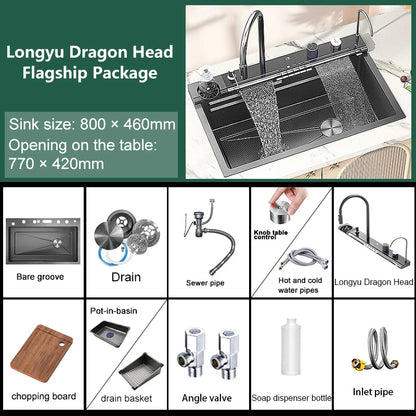 Stainless Steel Digital Kitchen Sink Large Waterfall Pull Out Faucet Honeycomb Embossed Sink Set