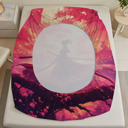 1pc 3D Fitted Sheets Set Sunset Samurai Cherry Blossom Tree Pattern  Bedding Set Printed Customized For Man And Kids Decorate.