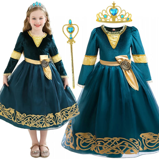 Girls Merida Cosplay Princess Dress Children Stage Performance Clothes Kids Halloween Carnival Party Long Sleeves Outfits