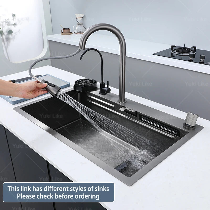 New Stainless Steel Kitchen Sink with Waterfall  Large Single Slot Various Multifunctional Sinks Dish and Vegetable Wash Basin
