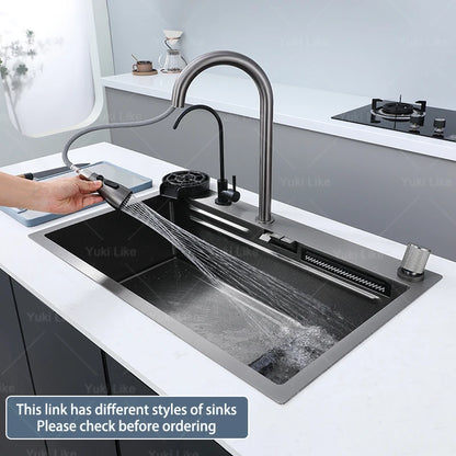 New Stainless Steel Kitchen Sink with Waterfall  Large Single Slot Various Multifunctional Sinks Dish and Vegetable Wash Basin