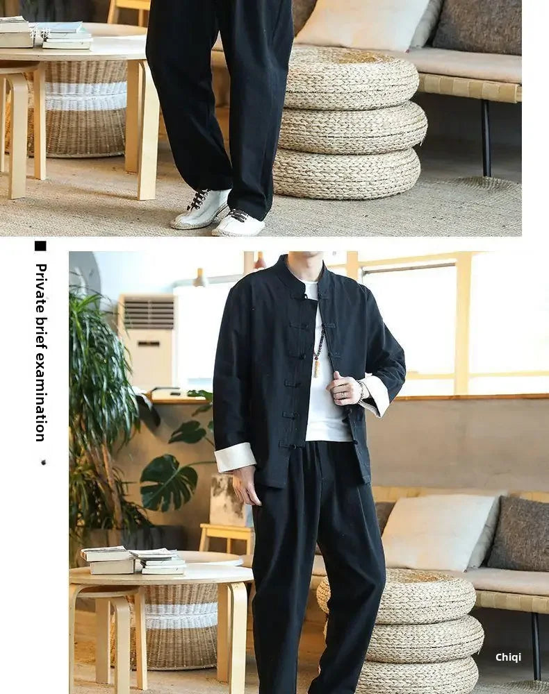Traditional Chinese Men's Tang Suit Cotton Linen Ancient Costume Tea Servant Zen Meditation Clothing Middle Mountain Hanfu.