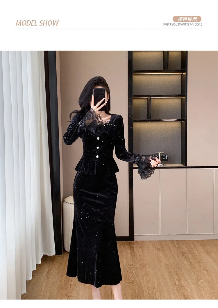 VigoAnne 2025 Black Long Sleeve Top And High Waist Korean Skirt 2 Piece Sets Woman Spring Autumn Velvet Long Dress Suit Ladies.