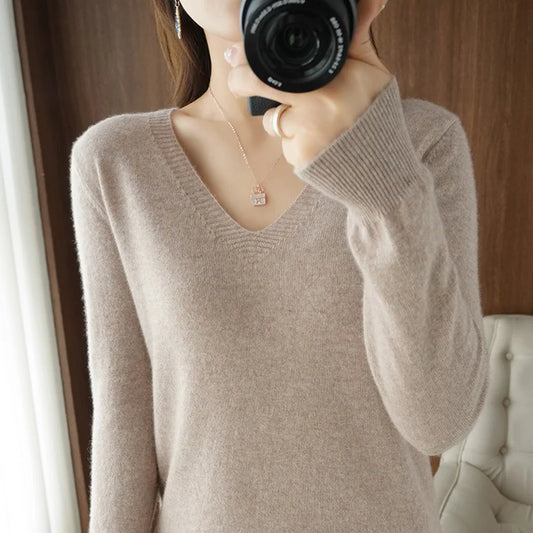 Neue Kaschmir frauen V-ausschnitt Pullover Spitze Neck Aushöhlen Design Beiläufige Gestrickte Lange Hülse frauen Pullover Herbst Und winter