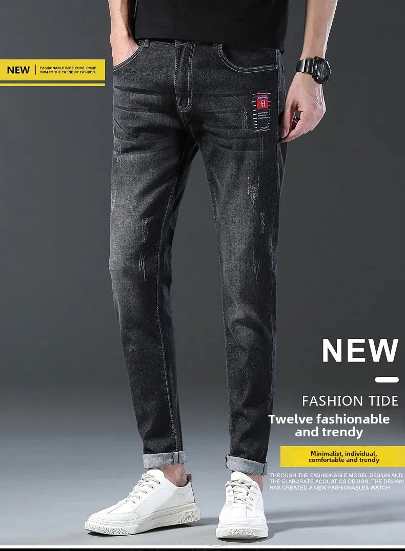 Frühling Herbst Xintang Denim Jeans Herren Slim Fit Casual Trendy Modische Alltagskleidung Blau Gerade Bein Hosen Elastische Taille