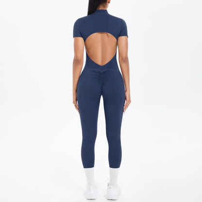 New Women's Yoga Jumpsuit Front Zipper Tight Back Hollow Out Short Sleeve-pants Activewear for Fitness Running Gym Workout.
