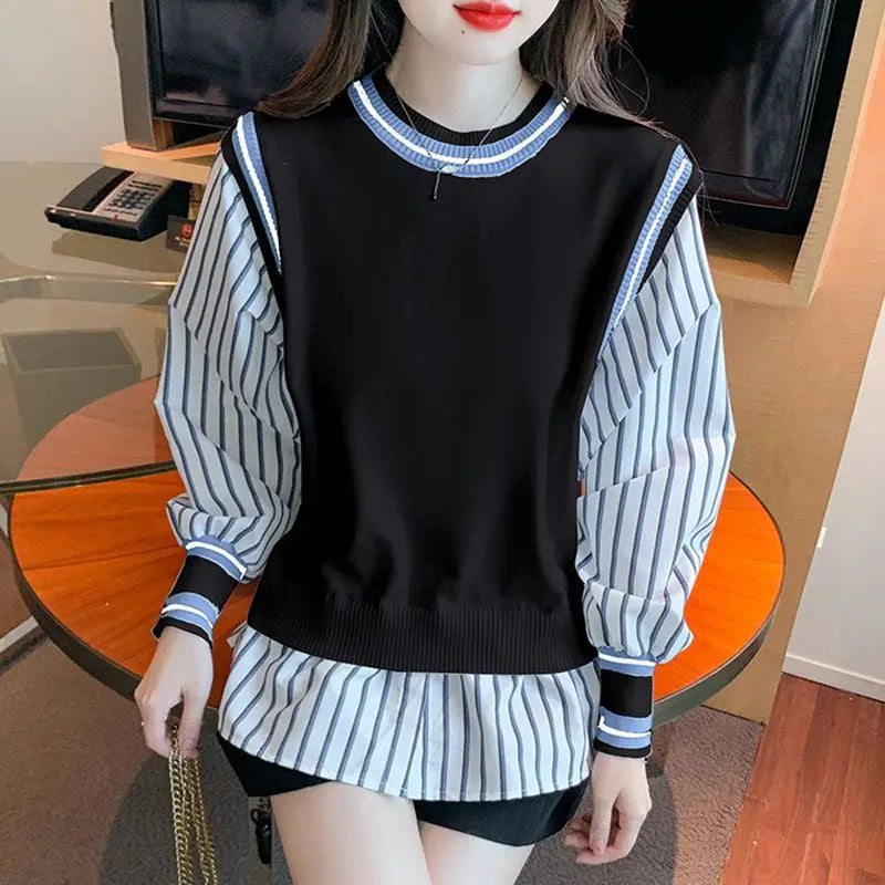 Autumn Preppy Style Patchwork O-neck Fake Two Pieces Top Tee Female Casual Striped Long Sleeve Sweatshirts Women Clothes Tshirt.