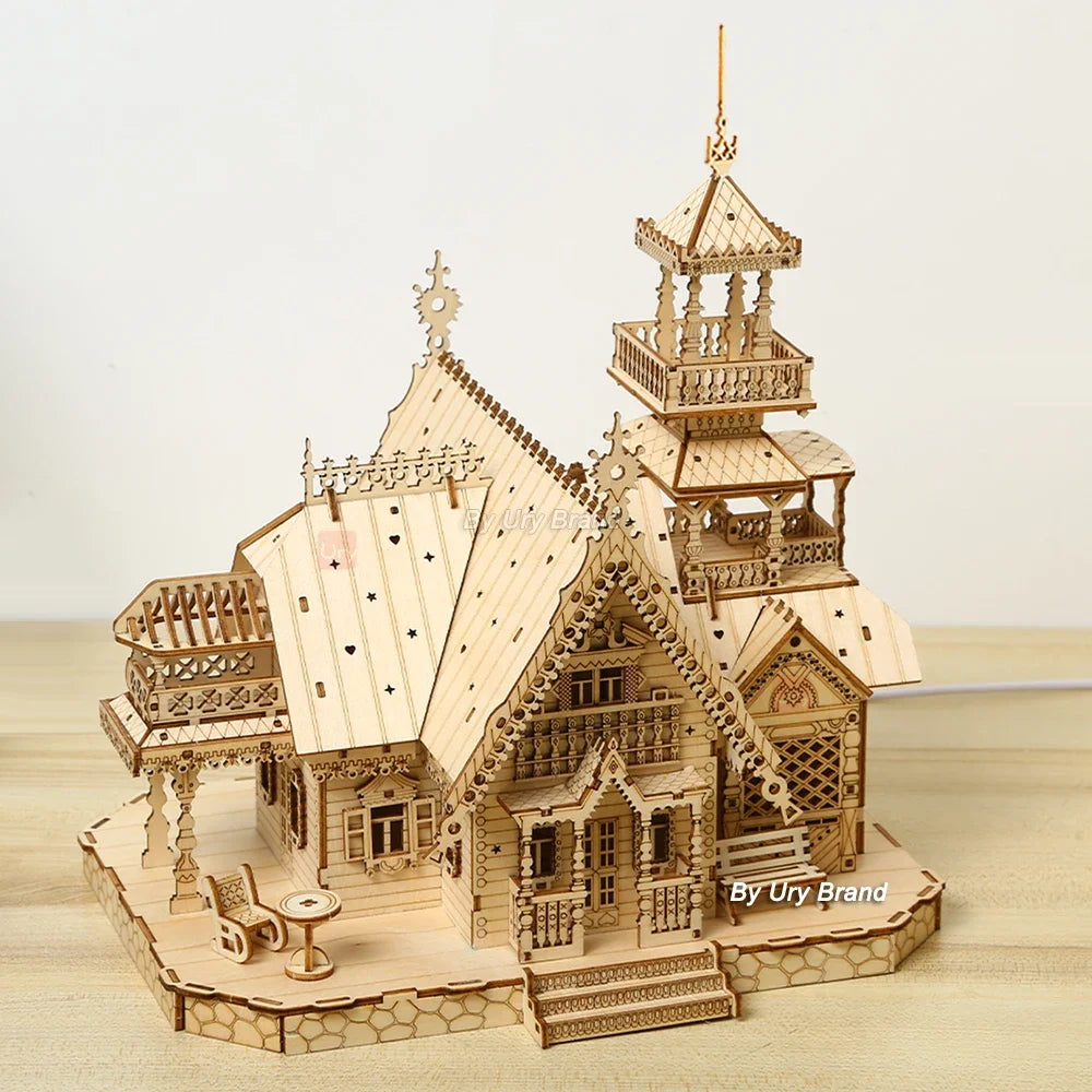 3D Wooden Puzzle Villa House Royal Castle with Light Assembly Toy Kid Adult DIY Model Kits Desk Decoration for Gift.