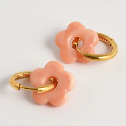 Colorful Flower Glass Drop Charms Earring Gold Color Circle Ear Buckle Hoops Stainless Steel Earrings Fashion Jewelry for Women.