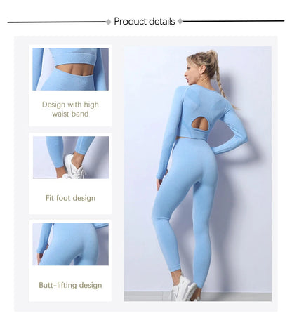 Women Yoga 2 Pieces Workout Outfits Seamless High Waist Leggings Sports Crop Top Running Clothes Sets.