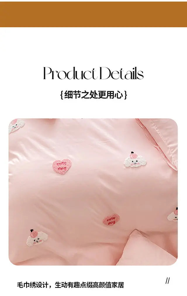 Ins Girly Heart Towel Embroidery Bedding Four-piece Set Soft Washed Cotton Bed Sheet Quilt Cover Three-piece Set.