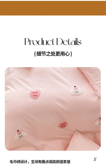 Ins Girly Heart Towel Embroidery Bedding Four-piece Set Soft Washed Cotton Bed Sheet Quilt Cover Three-piece Set.
