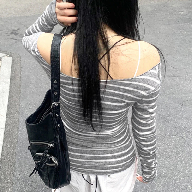 Spring Fall Women's New Japanese Basic Models Slim Long-Sleeved Striped t-Shirt Strapless Korean Street Style y2k Thin Tops.