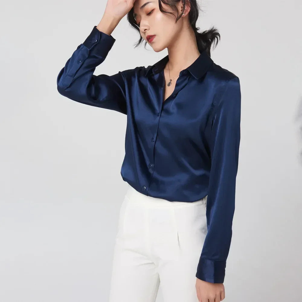 Woman Silk Shirt Long-sleeved Satin Women Blouse 19mm Mulberry Silk Blouse Loose Versatile Base Shirt 95% Natural Silk+5%Spandex.