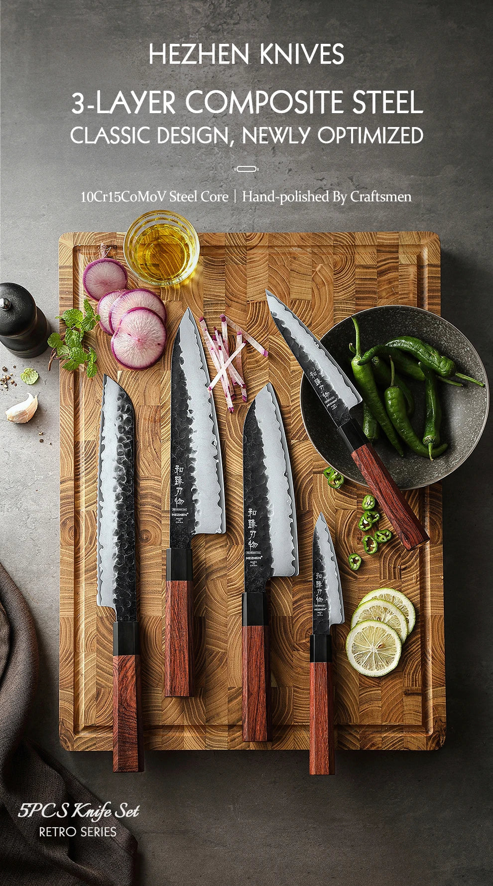 HEZHEN 1PC-5PC Kitchen Knife Set Chef Utility Stainless Steel 3 Layers Composite Steel Santoku Nakiri Kitchen Accessories.