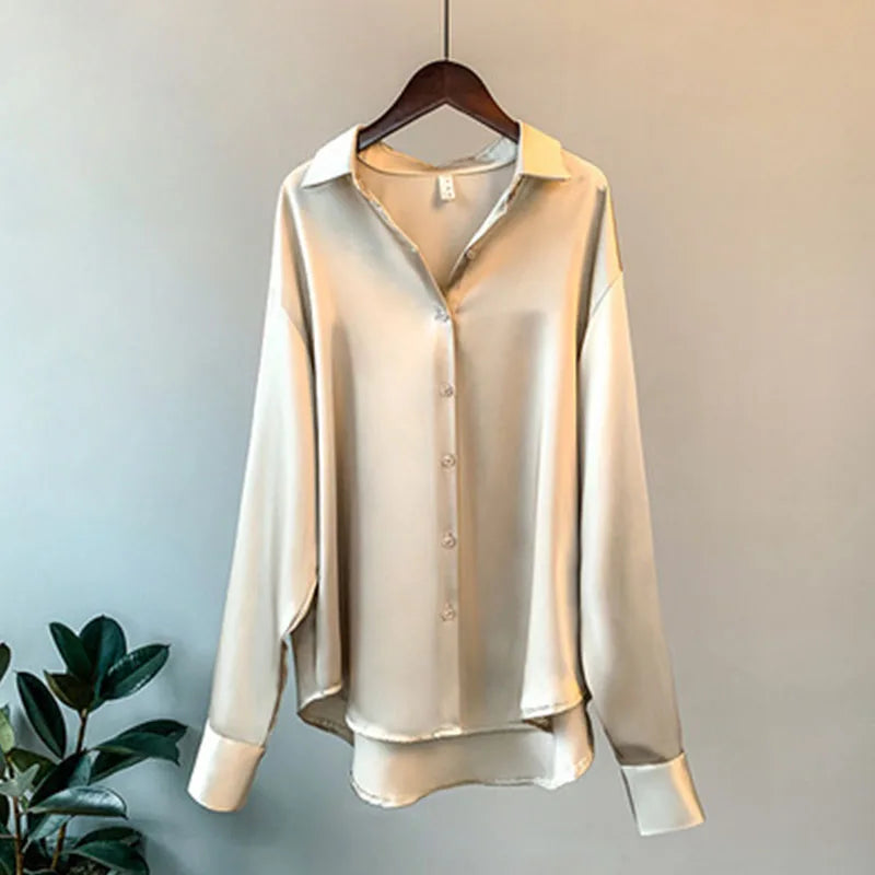 1pcs Woman Spring Autumn Satin Shirt Lady Long Sleeve Lapel Blouses Cardigans Elegance Sweet Casual Coats Girl Sunscreen Top.