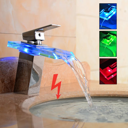 Smart Bathroom Faucet with Temp Light, Anti-Scald LED Indicator, Brass Construction, Waterfall LED Faucet, LED Color Changing