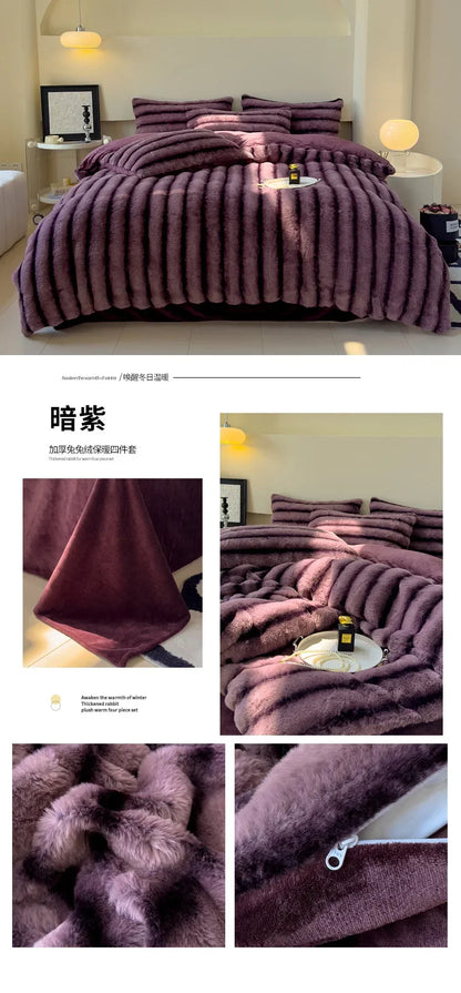 2024 new rabbit velvet milk velvet thickened rabbit fur warm four-piece set, 1.5m 1.8m bed sheet four-piece set