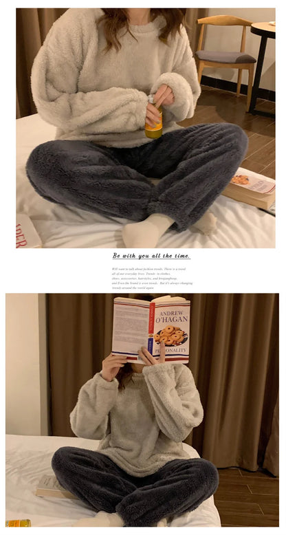 Winter Fleece Women Pajamas Set  Sleepwear Solid Velvet 2 Piece Pant Home Suit Fluffy Casual Warm Flannel Night Wear.