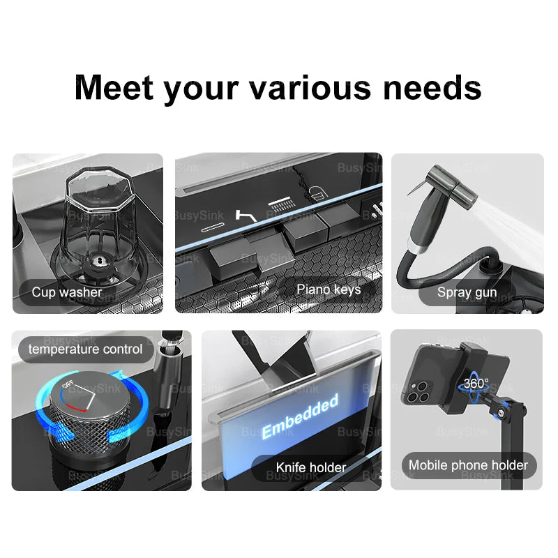 Household Digital Display Piano Button Waterfall Faucet Stainless Steel Kitchen Sink Large Single Bowl Multifunctional Wash Slot