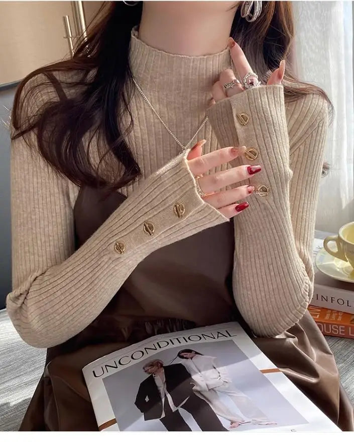 2025, weibliche Casual Tops Pullover Frauen Herbst Winter Gestrickte Dünne Pullover Feste Taste Volle Hülse Halb Hohen Kragen Pullover