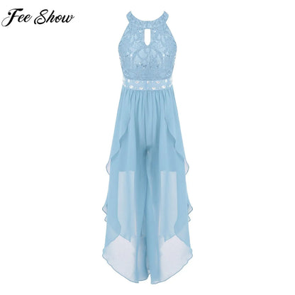 Sommer Mädchen Ärmellosen Chiffon Maxi Kleid Shiny Perlen Spitze Gebaut-in Shorts Party Kleid für Hochzeit Geburtstag Dance Leistung