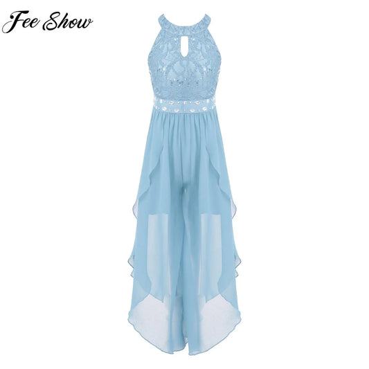 Sommer Mädchen Ärmellosen Chiffon Maxi Kleid Shiny Perlen Spitze Gebaut-in Shorts Party Kleid für Hochzeit Geburtstag Dance Leistung