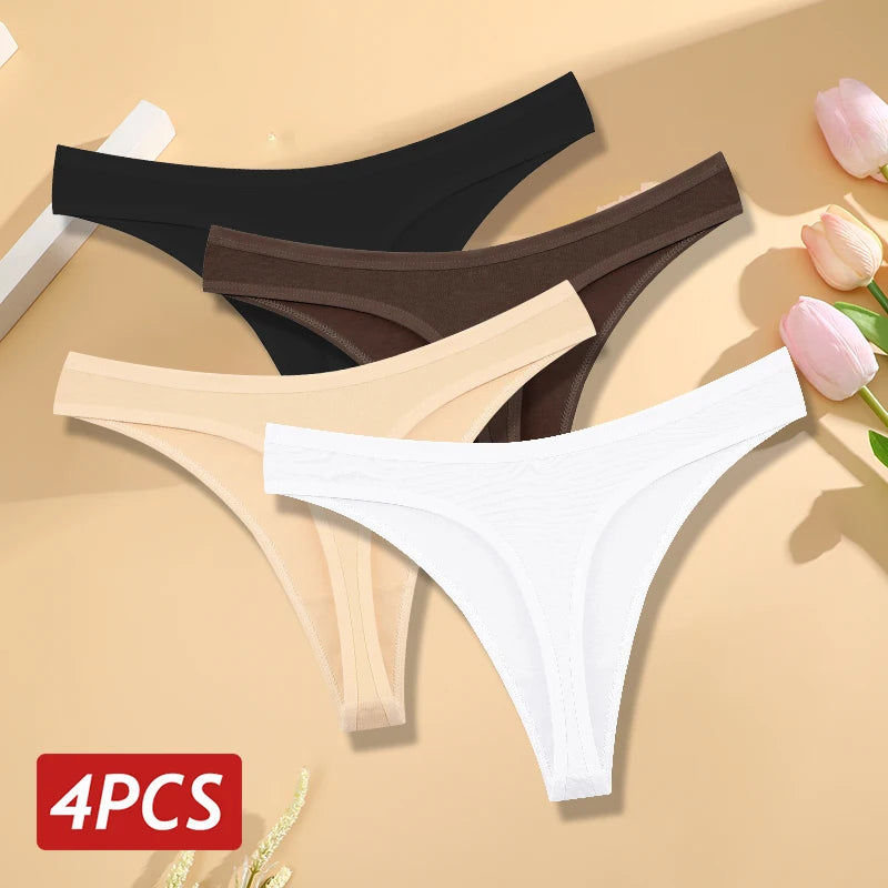 4PCS/Set Women Cotton Panties Seamless Low Rise Thongs V-Waist Solid Color Breathable Underwear Female Soft Lingerie Intimates.