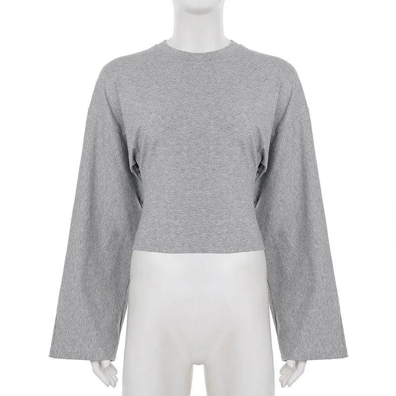 Trendix Basic Long Sleeve Crop Tops Women Summer O Neck Loose Casual Solid Pullover Top Ladies Street Party Club Fashion T Shirt.