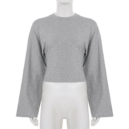 Trendix Basic Long Sleeve Crop Tops Women Summer O Neck Loose Casual Solid Pullover Top Ladies Street Party Club Fashion T Shirt.