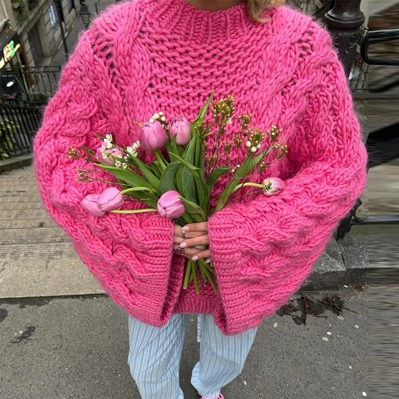 Casual Twists Stricken Oversize-Pullover Frauen Oansatz Lange Flare Hülse Lose Solide Pullover 2025, Herbst Winter Vintage Pullover