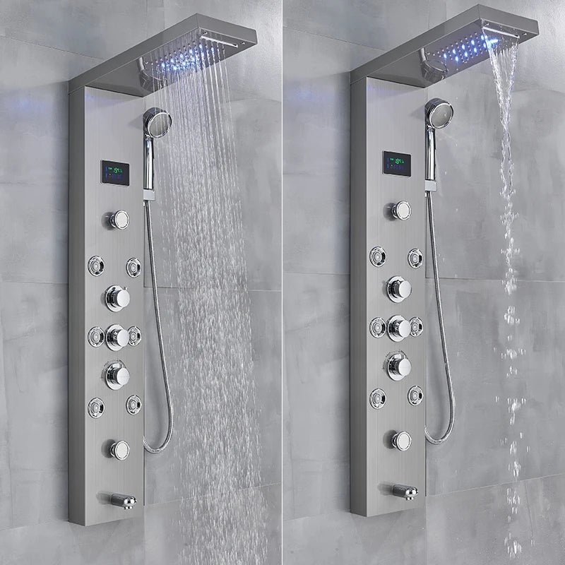 LED Light Bathroom Shower Faucet Set LED Rainfall Shower Panel System Bathtub Water Mixer Tap Massage SPA Temperature Screen