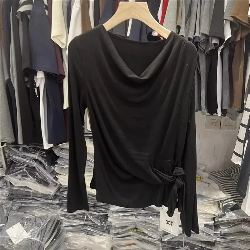 Women's Long Sleeve Striped T-Shirt Shoulder Baring Side Tie Base Shirt Versatile Autumn Fashion Design Cotton Top.