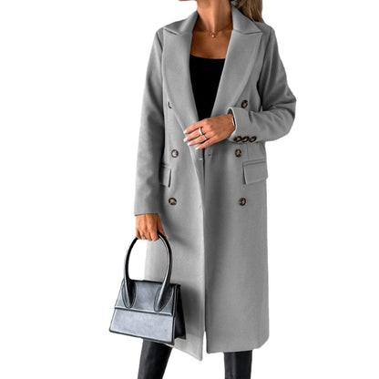 Damen-Mantel aus Wollmischung, langärmelig, zweireihig, Jacken, Mantel mit Tasche, warmer Winter-Trenchcoat, Oberbekleidung