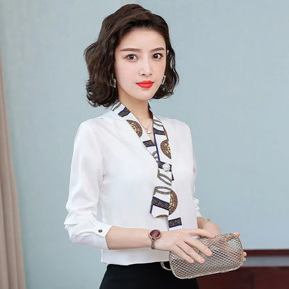 Women's fashionable streamer tops fashionable and elegant small fragrance style covering the belly satin shirt.
