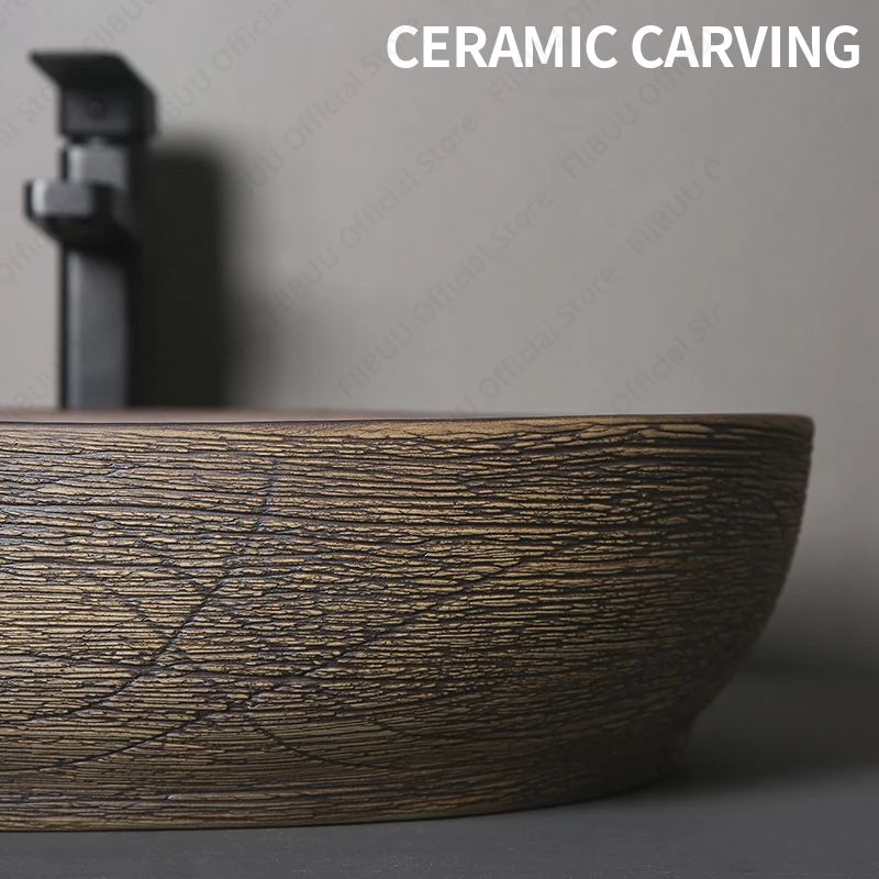 Braunes Keramikgefäß, Waschbecken, Waschtisch, Schüssel, ovaler Badezimmertisch, Waschbecken, Toilette, Balkon, Kunstbecken, über der Theke, Sockelwaschbecken