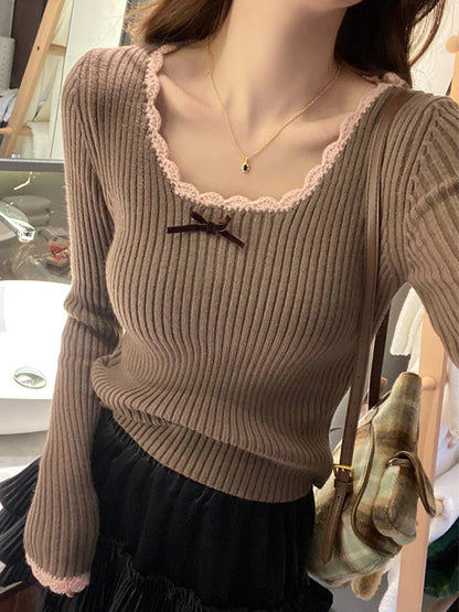 HOUZHOU Vintage Elegante Kokette Gestrickte Pullover Frauen Koreanischen Stil Cuteore Sexy Bogen Patchwork Quadrat Kragen Dünne Strickjacke 2025.